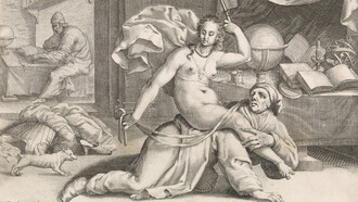 Ilustración de Aristóteles y Filis, atribuida a Pieter de Jode y realizada entre 1588 y 1592. Ella, despojada de su ropa, monta a Aristóteles, quien se arrastra sobre manos y rodillas en un estudio. Atrás, se aprecian una mesa sobre la que hay un globo terráqueo, libros, un tintero y un candelabro
