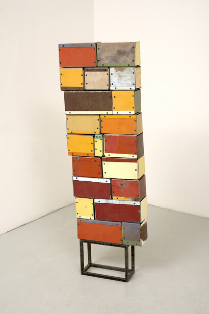 Ted Larsen, Modern Technology, salvage steel, marine-grade plywood, silicone, Vulcanized rubber, hardware. Courtesy of Robischon Gallery