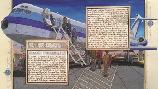 Sandow Birk, American Qur'an/Sura 73 2013, Ink and gouache on paper, 16 x 24 inches, Courtesy of the artist and P.P.O.W Gallery, New York