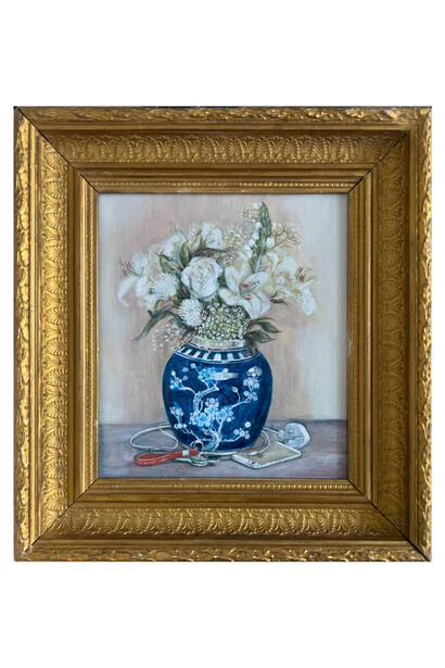 Faiza Butt, Still Life with Charger, 2022-2023, oil on board, 14 3/8x13 1/4 inches framed, 37x34 cm framed. Courtesy of the artist and Aicon Gallery