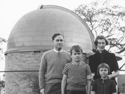 Harley, Chris, Una and Ros Wood pose in front of the astrographic dome, about 1950. Courtesy of Powerhouse