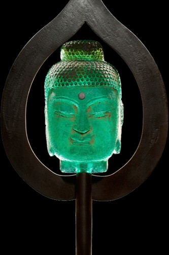 Marlene Rose, Aqua lotus Buddha, 2021, sand cast glass & steel, 28.50x12x10 inches