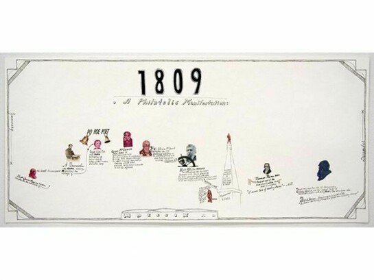 Jonathan Herder, "1809," Stamp collage, ink on paper, 9 x 20 inches
