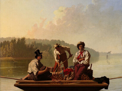 George Caleb Bingham, 'Boatmen on the Missouri', 1846. Oil on canvas. Fine Arts Museums of San Francisco, Gift of Mr. and Mrs. John D. Rockefeller 3rd, 1979.7.15