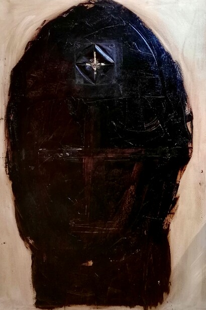"Stele" op. 66. Pigmenti, olio, bitumi, tagli e foglia d’oro su tela cm. 100 x 150, 1990              