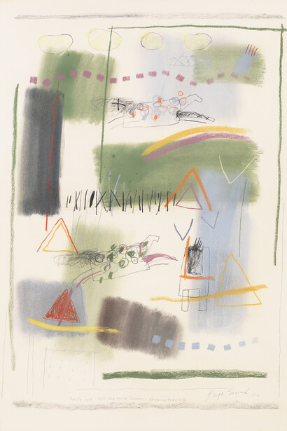 Jaune Quick-
to-See Smith, Wallowa waterhole, spring tracks, 1979. Courtesy of LewAllen Galleries