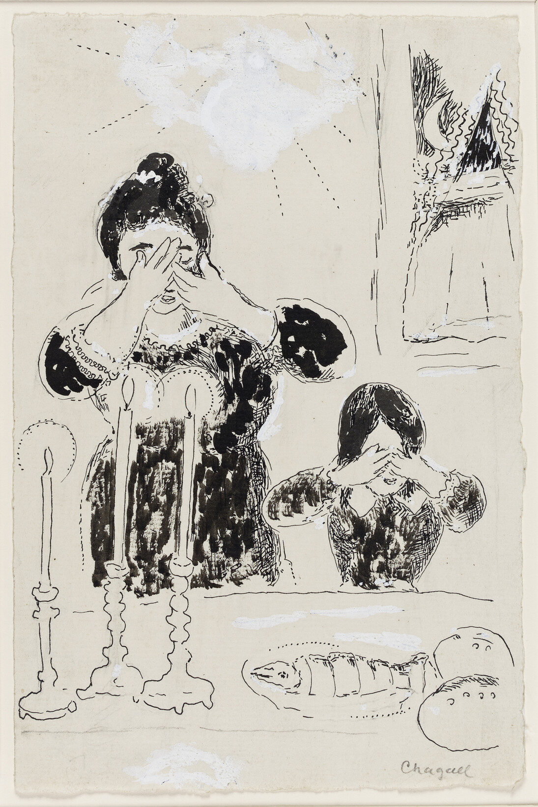 Marc Chagall, Shabbath, from the book Burning Lights, India ink, wash, and gouache on paper,  22,2 x 14,5 cm, Gift from Ida Chagall, Paris, © Chagall ® by SIAE 2015