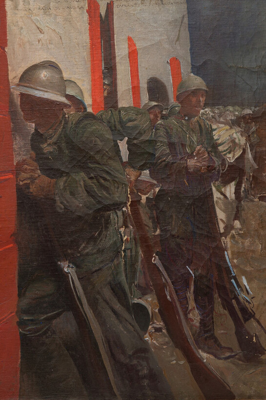Giulio Aristide Sartorio, Sulla strada di Giavera durante il bombardamento, 1918, dettaglio. Olio su tela incollata su cartone, 57,2 x 76,6 cm. Roma, Ministero degli Affari Esteri e della Cooperazione internazionale. Foto: Marcello Leotta / Osservatorio C.S.A.