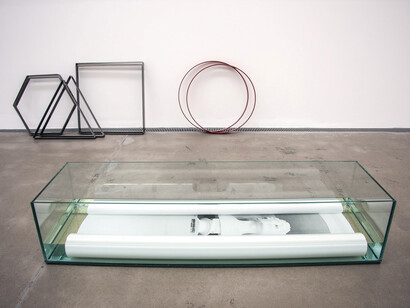 Andrea Jespersen, ‘subjacent zip (volume two)’
glass, water, hand-printed analogue gelatin silver print, powder-coated steel, variable size, glass trough 35 cm x 155 cm x 55 cm, 2013