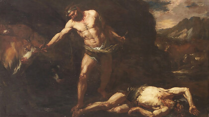 Hercules kills the giant Cacus and steals Geryoneus' cattle, Giovan Battista Langetti  (1625–1676)