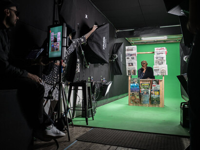 Inside JR’s Studio truck, 2018; photo: Marc Azoulay, courtesy JR-art.net