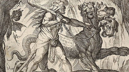 Hercules and Cerberus: Hercules grasps the collar of Cerberus by Antonio Tempesta