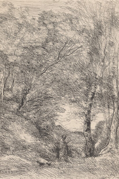 Jean-Baptiste-Camille Corot, French, 1796-1875, Maurice le Garrec, publisher, French, d. 1937, Horace’s Gardens (Les Jardins d’Horace), from the portfolio “Forty Clichés-Verres” (Quarante Clichés-Glaces), ca. 1855 (printed in 1921) Cliché-verre on paper, Museum purchase: anonymous gift 47.719.14