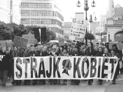 A women’s rights demonstration in Wrocław, Poland, with protesters holding signs