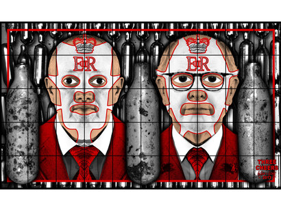 Gilbert & George, Three Cheers, 2013, Mixed media, 377 x 635 cm (148.43 x 250 in), Courtesy Galerie Thaddaeus Ropac, Paris/Salzburg © Gilbert & George