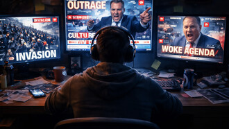 A lone viewer sits immersed in a flood of polarising digital content, where political outrage and distorted narratives compete for attention on glowing screens