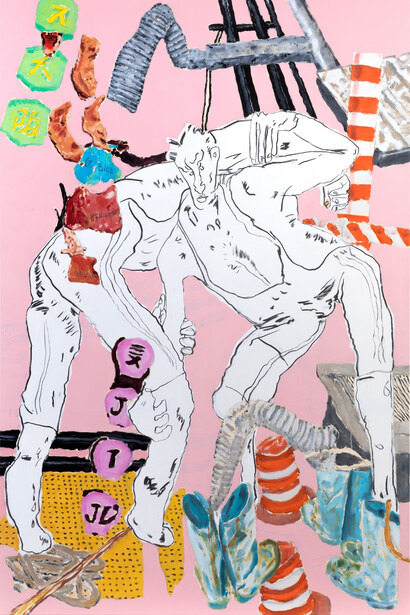 Léonard Martin, Lutteurs Zabriskie I, 2023. Oil and acrylic on canvas, 195 × 130 cm, 76 3/4 × 51 1/4 in. © Courtesy Templon, Paris