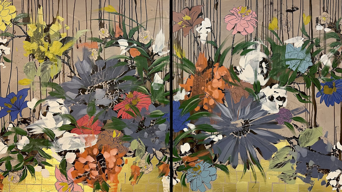 Anna Kincaide, "Figment of My Imagination (Diptych)" (detail), Oil + Mixed Media on Canvas. 48 x 96 inches. Courtesy of the artist and JoAnne Artman Gallery