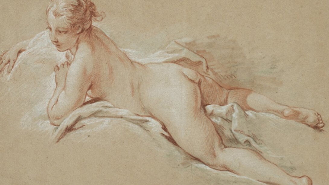 François Boucher, Femme nue allongée, vers 1740. Sanguine, pierre noire et craie blanche sur papier crème.
© The Horvitz Collection – Photo : M.Gould