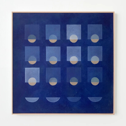 Carla Weeks, Winter Grid in French Ultramarine, 2023, oil on linen, 24x24x2 inches, signed on the back. Copyright the artist. Courtesy of the artist and Uprise Art
