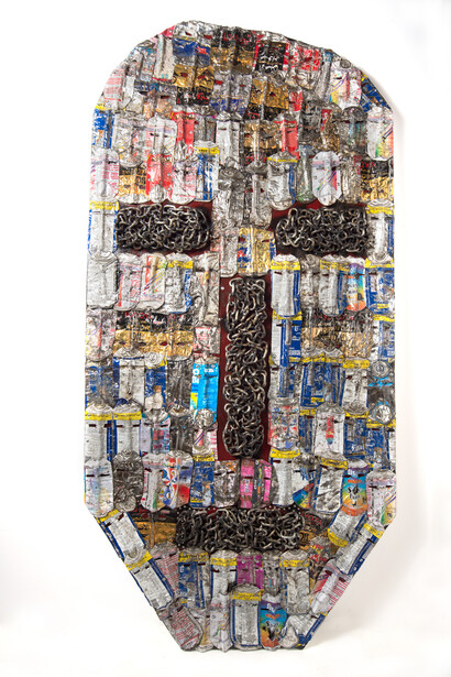 Wasil, Saddek, Faces of Tin XX , 2014, From the Contortion Series, Scrap metal, tin cans, on wood, 198 x 98 cm