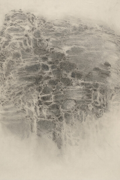 James Nelson, Untitled (detail), 2021, graphite and charcoal on Gampi paper lined with Kozo paper, 29 1/2 x 21 3/8 inches. Courtesy of the artist and McKenzie Fine Art