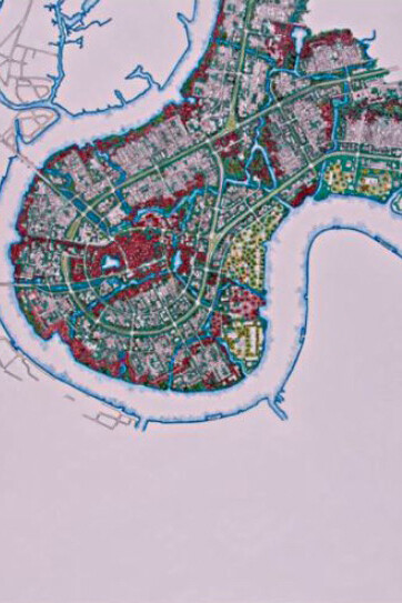 Tiffany Chung. 1972 Thu Thiem Development Plan by US AID (Agency for International Development), 2013, ink and oil on vellum and paper, 110 x 70 cm (43.3 x 27.6 in)