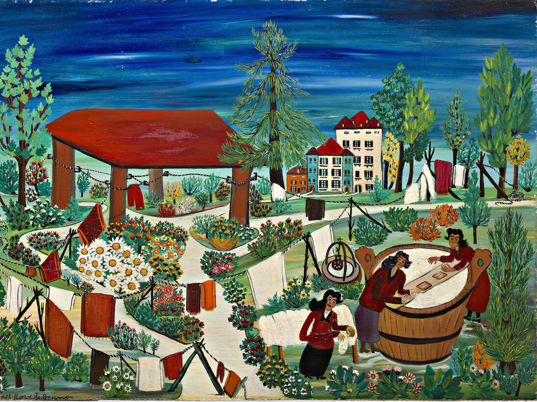 Bruno Rovesti, Lavandaie, 1955, olio su faesite, cm 59 x 82. Courtesy of Museo Antonio Ligabue