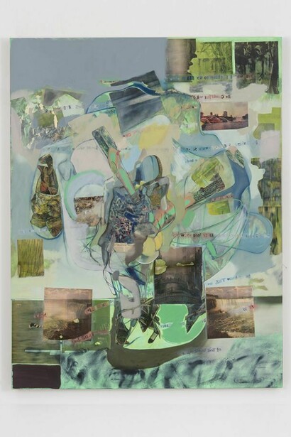 Elliott Hundley, quiet, 2014, Oil paint and paper on linen, 75 x 58 x 1.75 inches (190.5 x 147.3 x 4.4 cm)