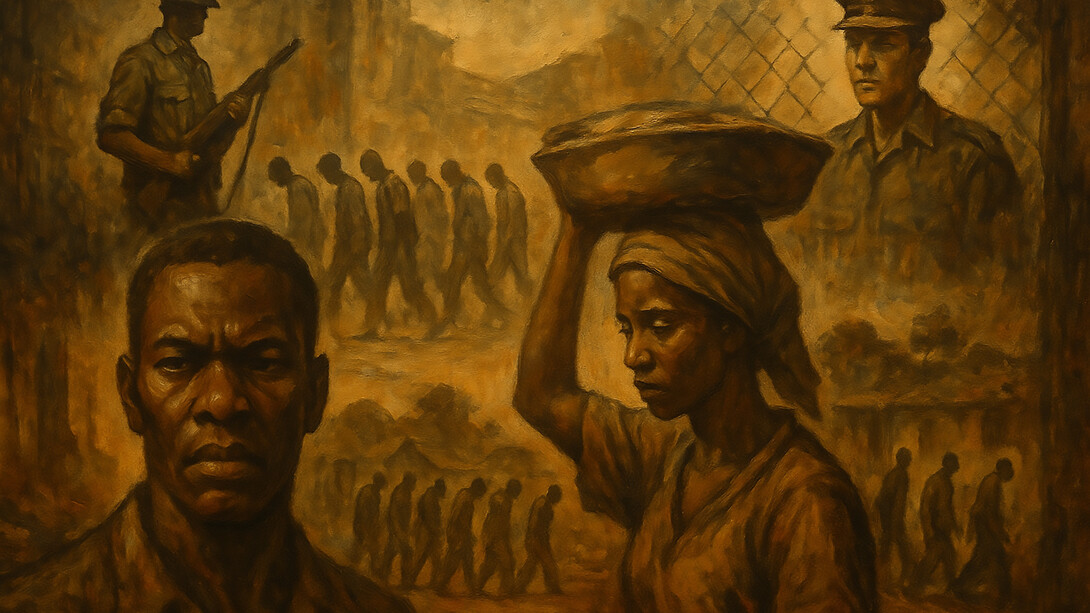 An evocative painting capturing the harsh realities of apartheid, depicting a Black man in solemn reflection, laborers under duress, and figures of authority, all woven together in a powerful portrayal of struggle and oppression