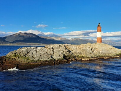 Les Éclaireurs Lighthouse on a rocky islet in Ushuaia, Argentina, reflecting the maritime importance of Tierra del Fuego at the continent’s southern frontier