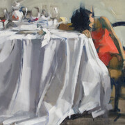 E. Red Dress, 22" x 30", Oil on Linen. Maggie Siner, 2016. Courtesy of J. Cacciola Gallery W