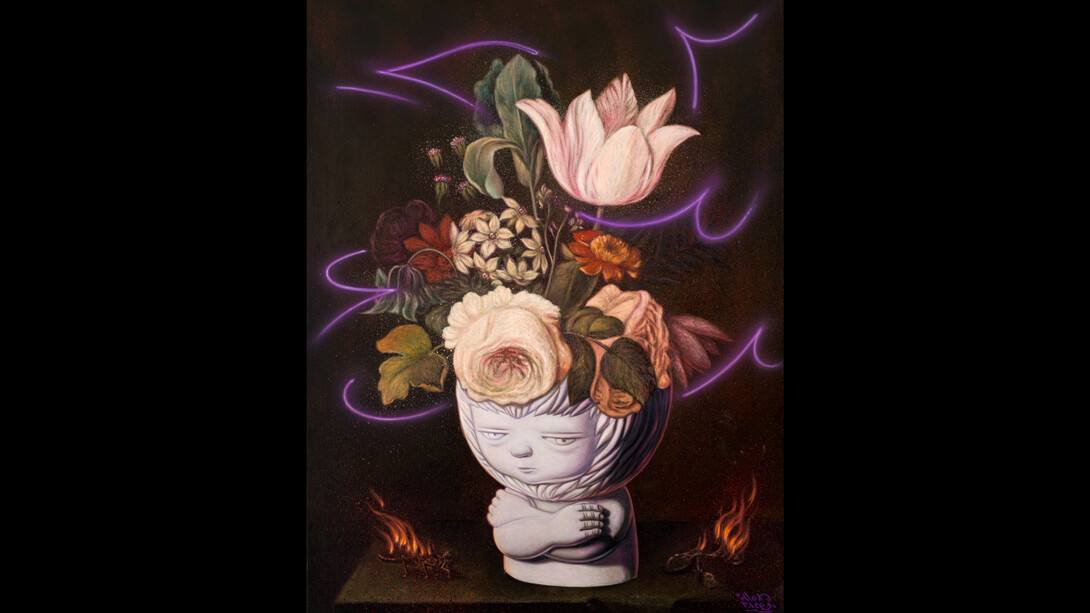 Alex Face, White-Hot Purple, 2023, acrylic, spray, oil on linen 85x65 cm, © 2023 Alex Face. Courtesy the Artist, Bangkok CityCity Gallery and Dorothy Circus Gallery