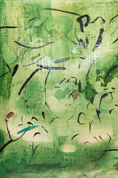 Nina Royle, Undergrowth_Ink acrylic, oil and shellac on a shaped wood and gesso panel_39.5 x 30 cm_2015. Courtesy of Gallery 8