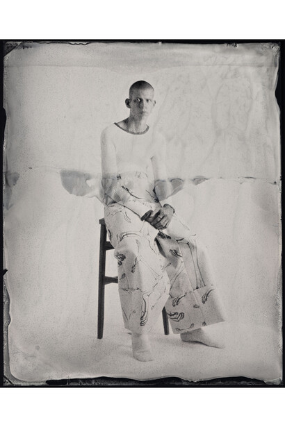 Kasia Wozniak, Wet Plate Collodion Ferrotype, Inspiration from the pages of Sherlock Holmes: “Sometimes he spent the day at the chemical laboratory, sometimes in the dissecting-rooms…” [A Study in Scarlet by Arthur Conan Doyle], Fashion credits: Top and Trousers: Pauline Edvall, BA Fashion with Knitwear, Central Saint Martins, 2014, © Kasia Wozniak/Museum of London
