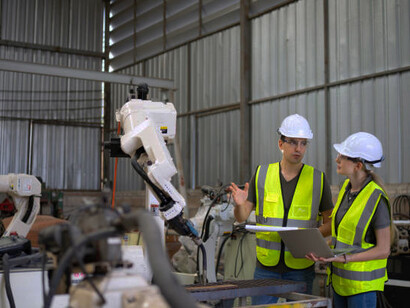 Engineers collaborating with welding robot arms, demonstrating the power of human-AI partnership in manufacturing