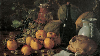 «Naturaleza muerta con manzanas, uva, melones, pan, garrafa y botella», Luis Meléndez (1716–1780)