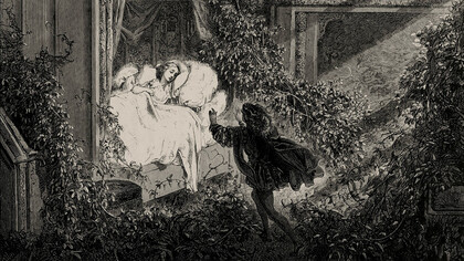 Ilustración del cuento de Charles Perrault titulado "La bella durmiente del bosque", incluido en la obra "Los cuentos de Mamá Ganzo" (1697). Esta ilustración de Gustave Doré apareció en la edición de 1867 titulada Los cuentos de Perrault