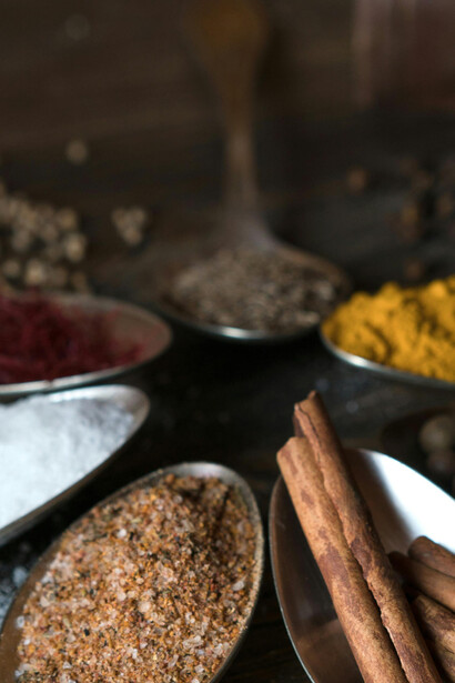 Saffron, cumin, cinnamon and turmeric spices are present in dishes like bissara 