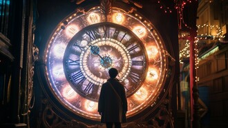 A man staring at a giant clock, watching as time goes by