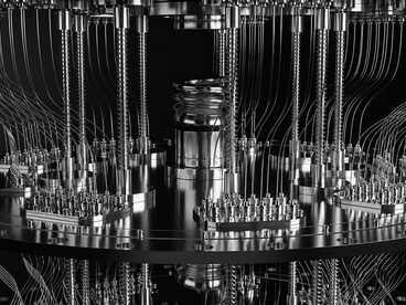 A highly detailed 3D render of a glowing futuristic quantum computer, reflecting the sophistication of advanced computing technology