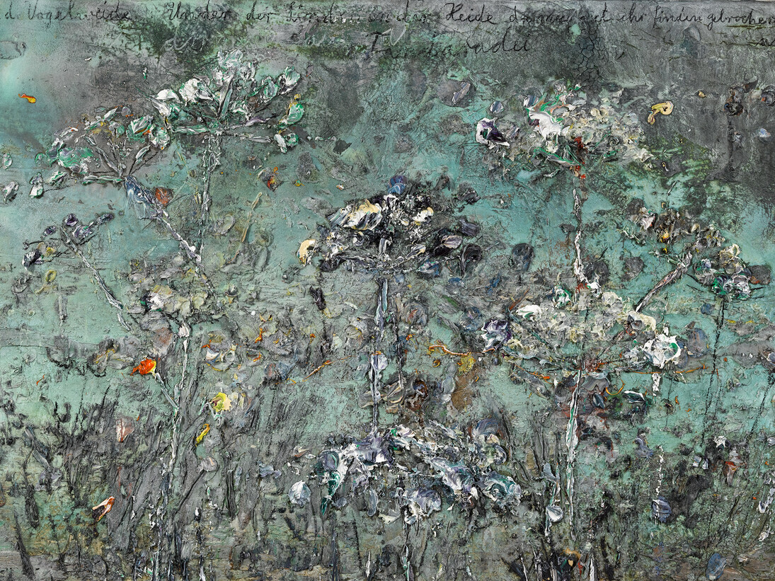 Anselm Kiefer, für Walter v.d. Vogelweide: Under der Linden, 2014, Acrylic, emulsion, oil, shellac, charcoal and sediment of electrolysis on photograph mounted on canvas, 185 x 332 cm (72,83 x 130,71 in), Courtesy Galerie Thaddaeus Ropac, Paris/Salzburg © Anselm Kiefer, Photo: Ulrich Ghezzi