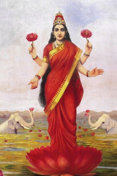 La dea Lakshmi su una pianta di loto, Raja Ravi Varma, 1896. Maharaja Fateh Singh Museum, Lakshmi Vilas Palace, Vadodara, Gujarat, India