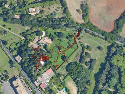 Area of the via Appia between the second and third milestones, with an overlay of the catacombs of Vigna Randanini, in Rome Italy. Photo credit: Parco Archeologico dell'Appia Antica