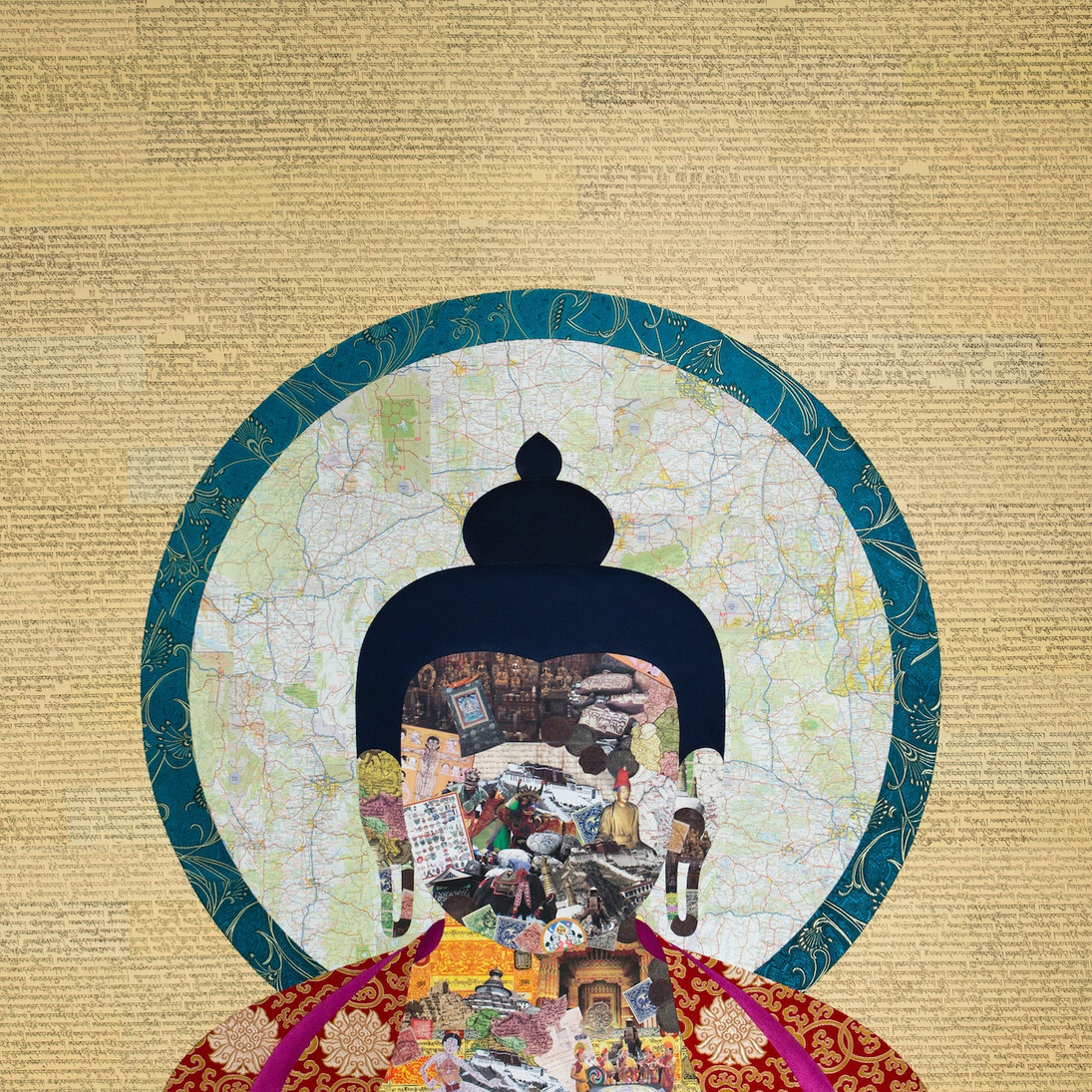 Tenzing Rigdol, Riders on the Storm, 2014, USA, Collage and silk brocade, 122 x 122 cm (48 x 48 in)