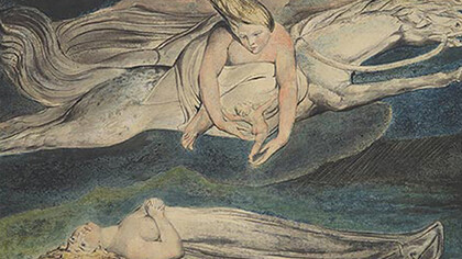 William Blake, Pietà,1895. L’artista inventa una forma di monotipo con colori a base di acqua.  Spesso trae fino a tre impressioni, uguali in tutto tranne che per intensità di colore, che rielabora a penna, inchiostro e tempera fino a farle diventare uniche.