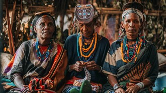 Three women in traditional dress, capturing the intersection of identity, labour, and resilience