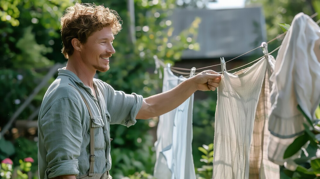 A man doing laundry, his self-cleaning t-shirts refresh themselves