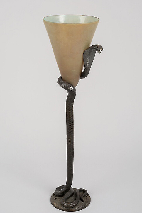 Edgar William Brandt, French, 1880-1960, Glass attributed to Daum Frères, Nancy,France, founded 1875, Metalwork, attributed to Mueller Frères, Lunéville, France, Cobra Lamp, c. 1925