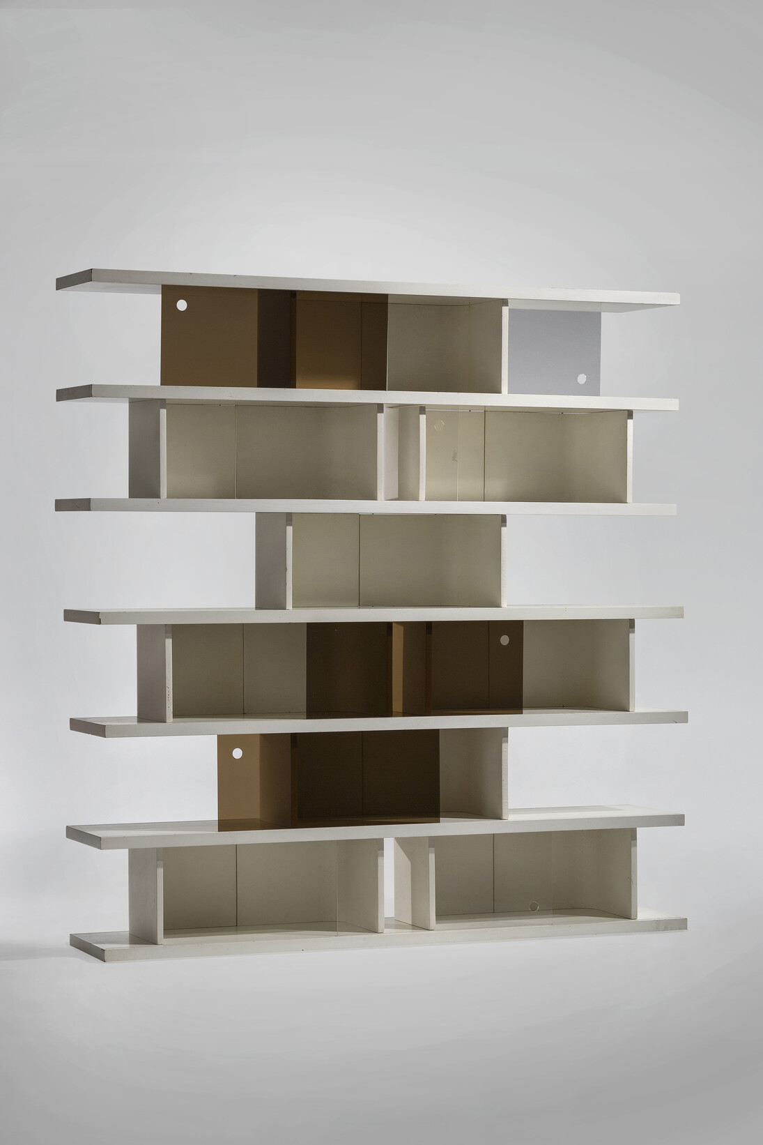 Rene Jean Caillette, Modular Bookcase Prototype, 1970, White lacquered wood, painted polyurethane, plexiglass, 64.9 H x 61.4 x 15.1 inches, 165 H x 156 x 38.5 cm. Prototype for Charron. Provenance: From the estate of René Jean Caillette. Image courtesy of Demisch Danant. Photo by Thierry Depagne.
